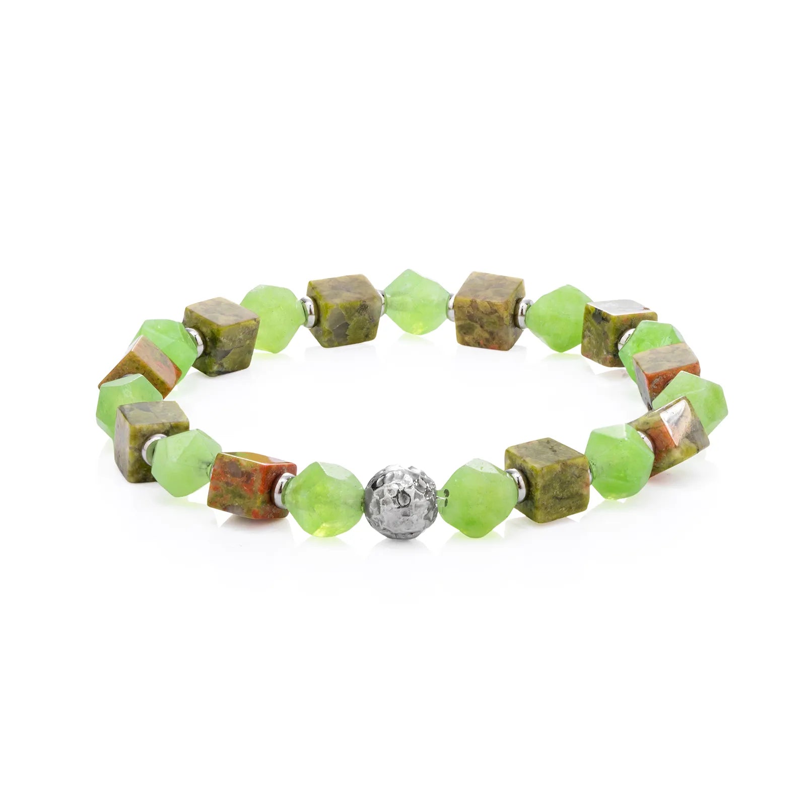 A beaded bracelet with green stones and metallic - colored cubes.
