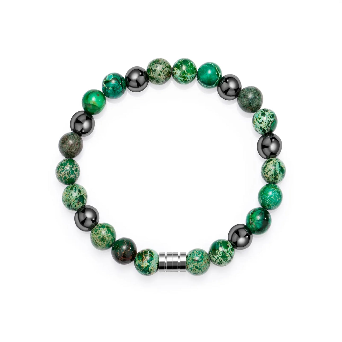 Bead bracelet with green stones and black beads, showcasing the design and details.
