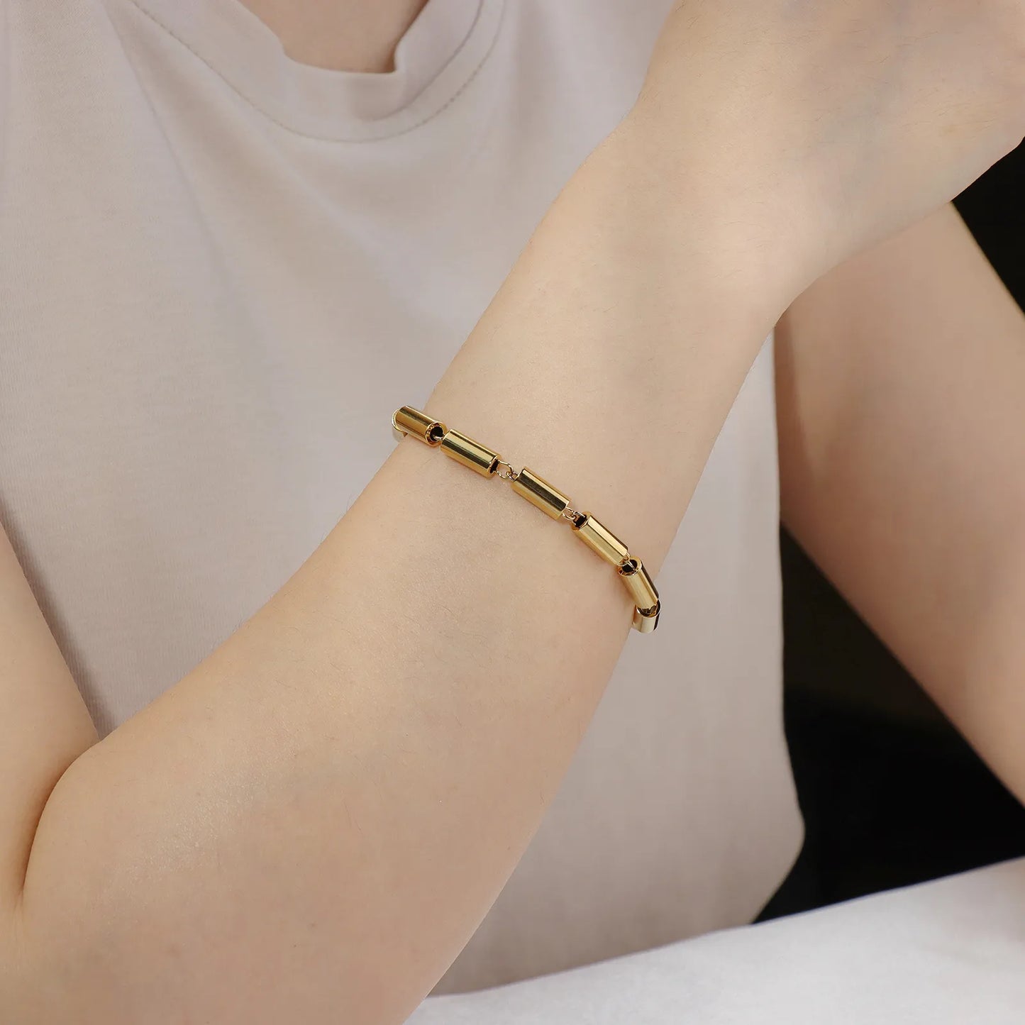 Hip Hop Punk gold cylinder chain bracelet, ideal for daily & party styling.