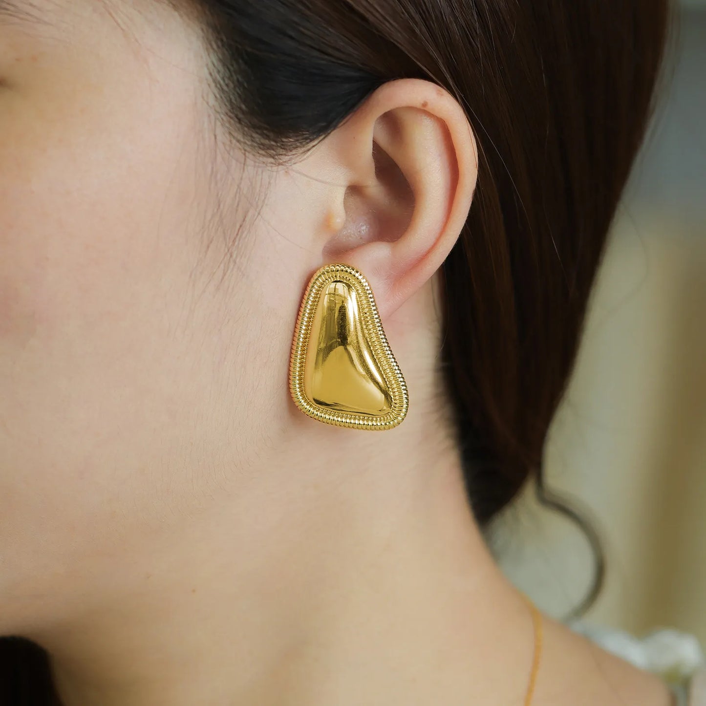 Irregular Gold Earrings with Textured Edge Design for Women