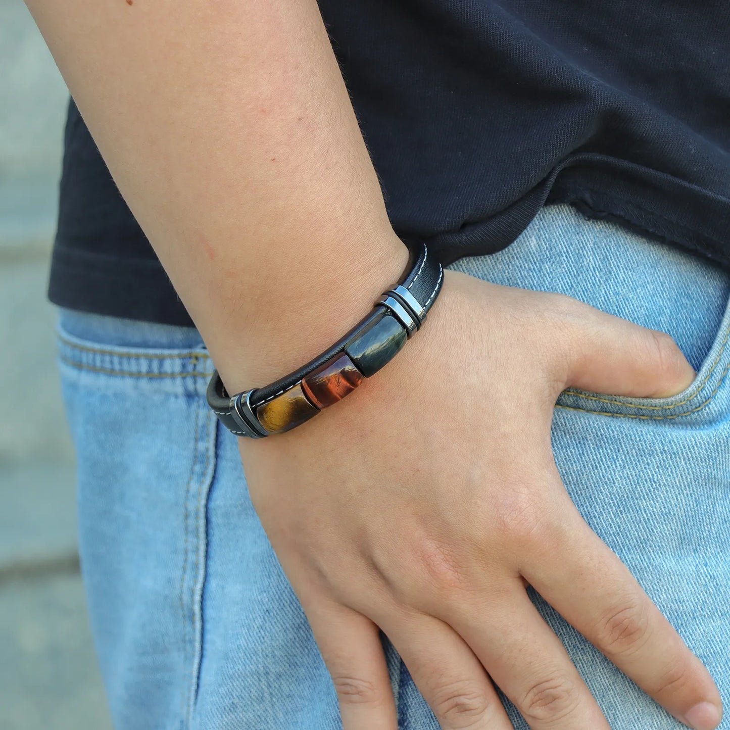 Tiger Eye Stone Leather Bracelet for Men Daily Wear
