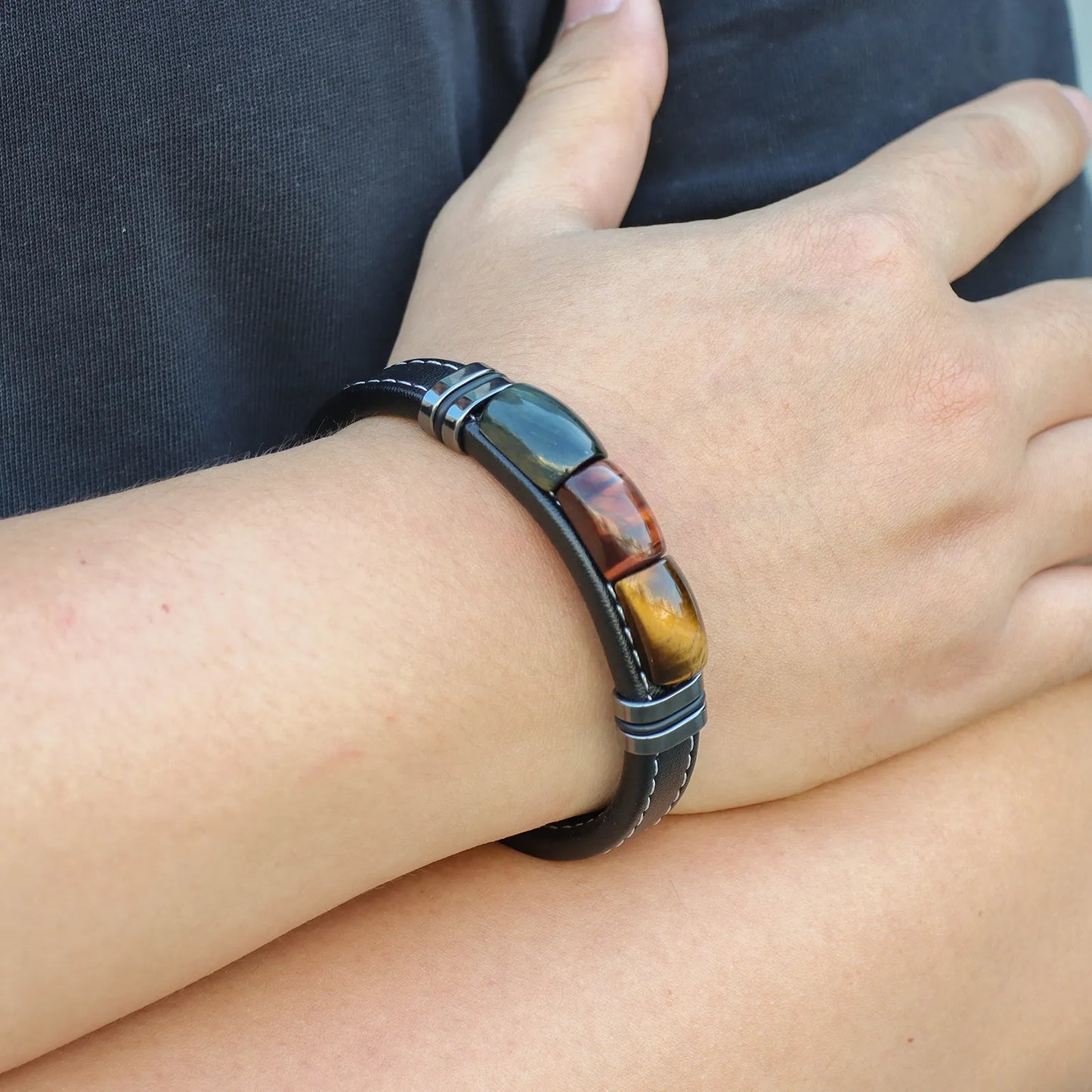 Tiger Eye Stone Leather Bracelet for Everyday Wear