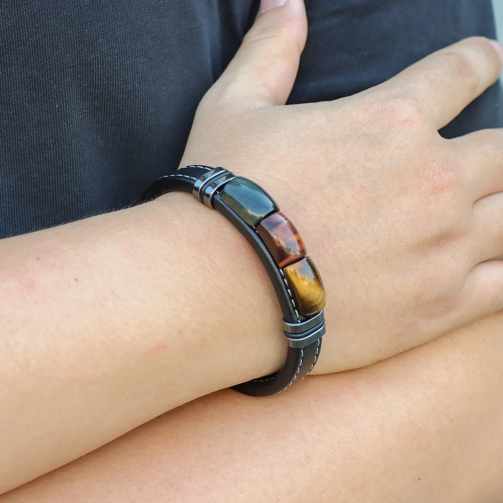 Tiger Eye Stone Leather Bracelet for Everyday Wear