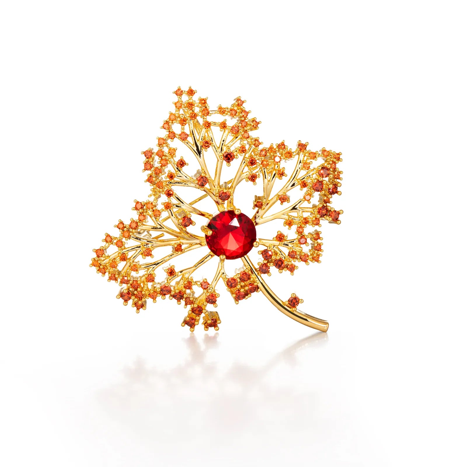 Ajatine gold maple leaf brooch with red zircon, elegant vintage - style luxury jewelry