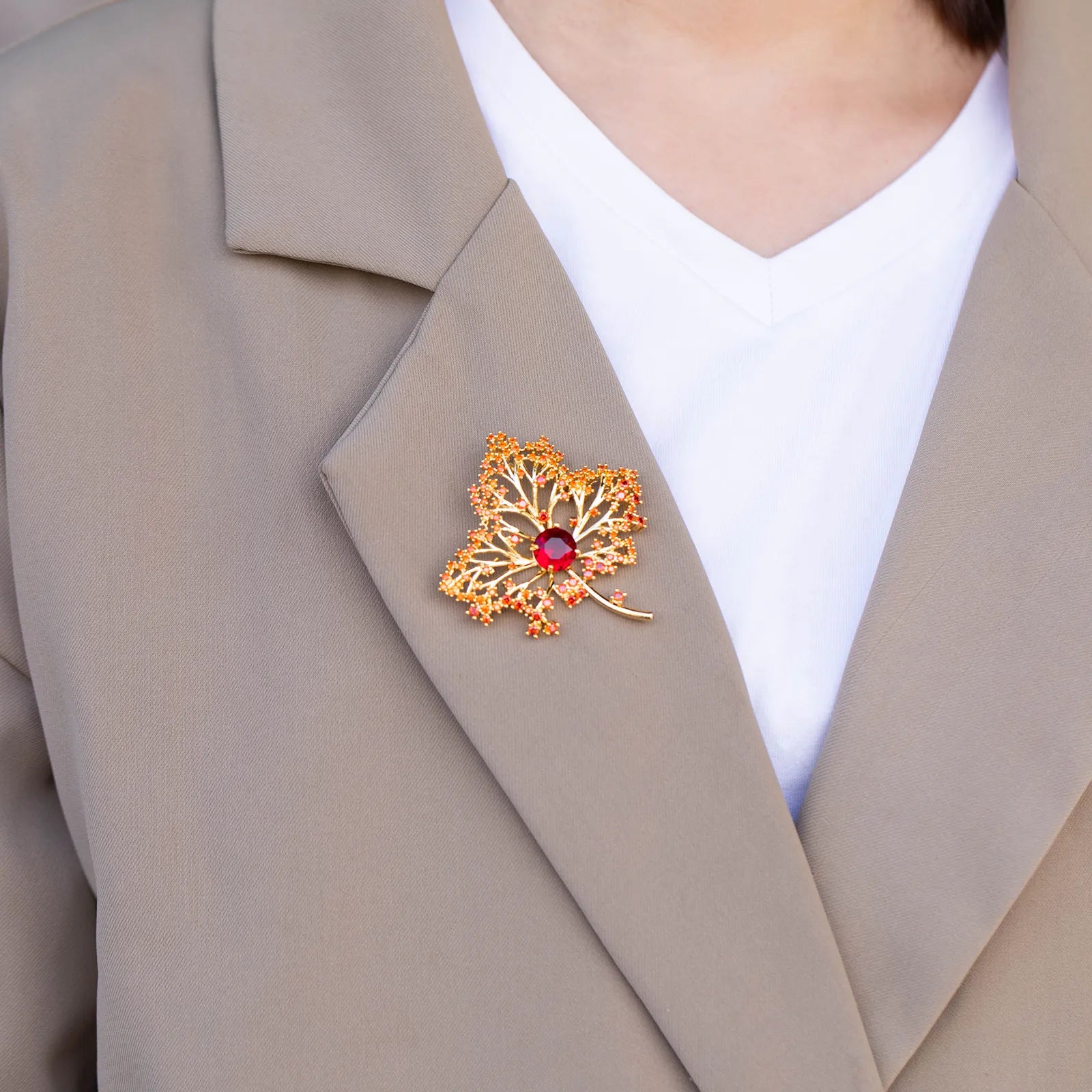 Ajatine gold maple leaf brooch with red zircon, elegant vintage - style luxury jewelry