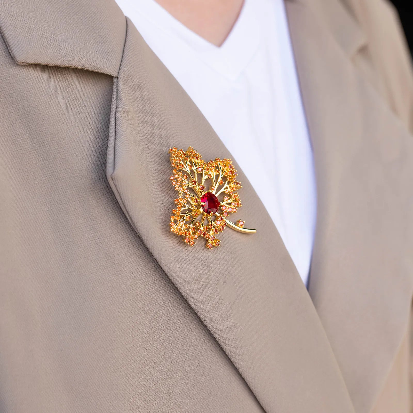 Ajatine gold maple leaf brooch with red zircon, elegant vintage - style luxury jewelry