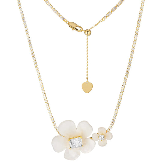 Mother of Pearl Flower Necklace with Gold Tone Chain for Women 