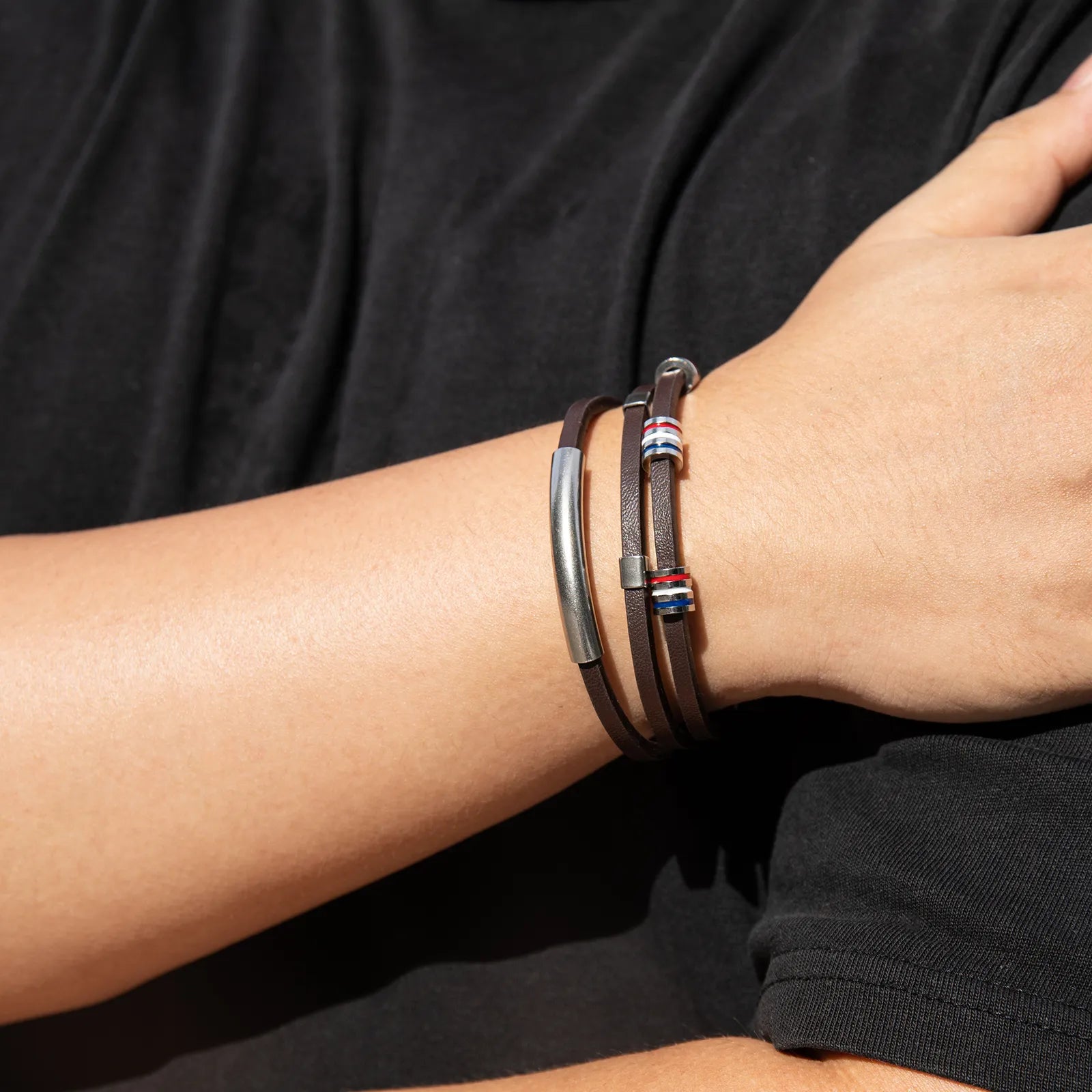 Ajatine men's multilayer leather bracelet with stainless steel details, showcasing trendy design for daily wear and gifting