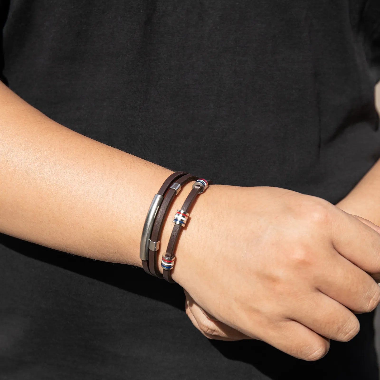 Ajatine men's multilayer leather bracelet with stainless steel details, showcasing trendy design for daily wear and gifting