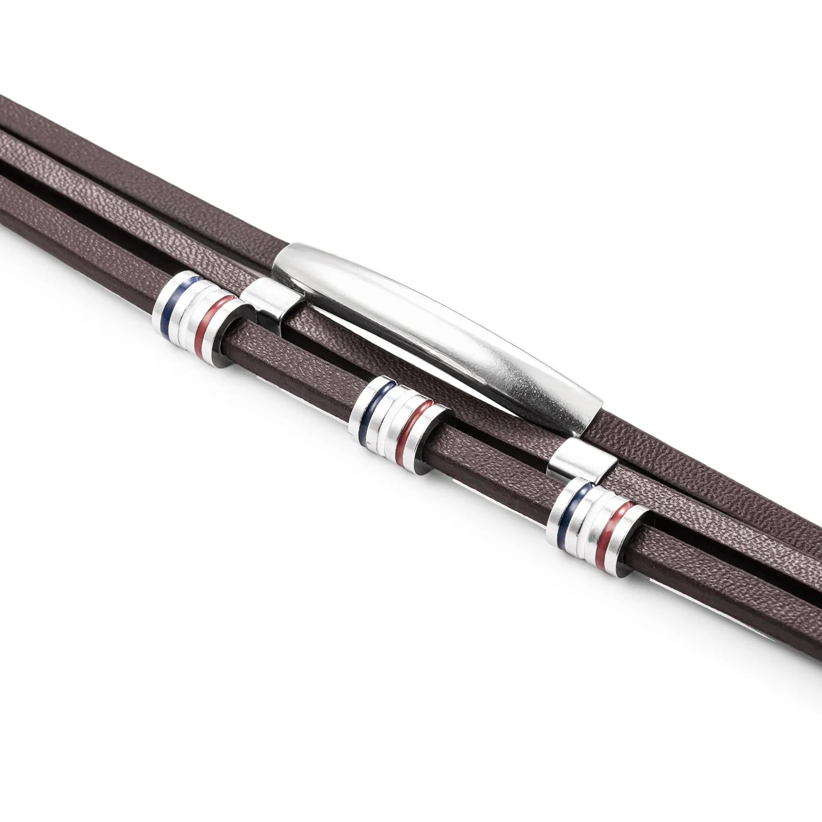 Ajatine men's multilayer leather bracelet with stainless steel details, showcasing trendy design for daily wear and gifting