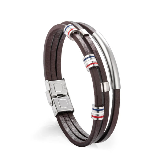 Ajatine men's multilayer leather bracelet with stainless steel details, showcasing trendy design for daily wear and gifting