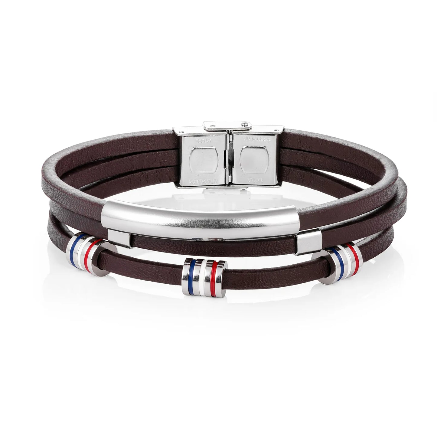 Ajatine men's multilayer leather bracelet with stainless steel details, showcasing trendy design for daily wear and gifting
