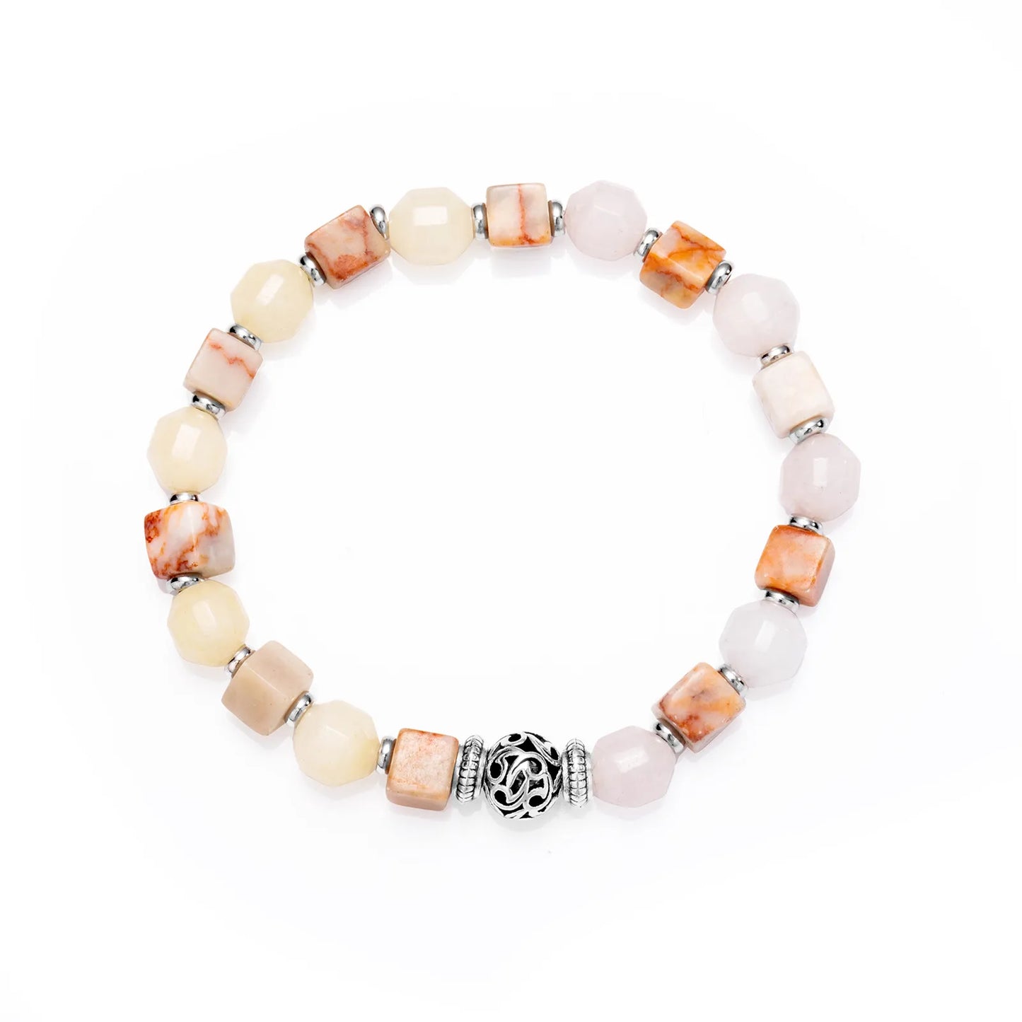A multicolored beaded bracelet with a decorative silver bead in the center.