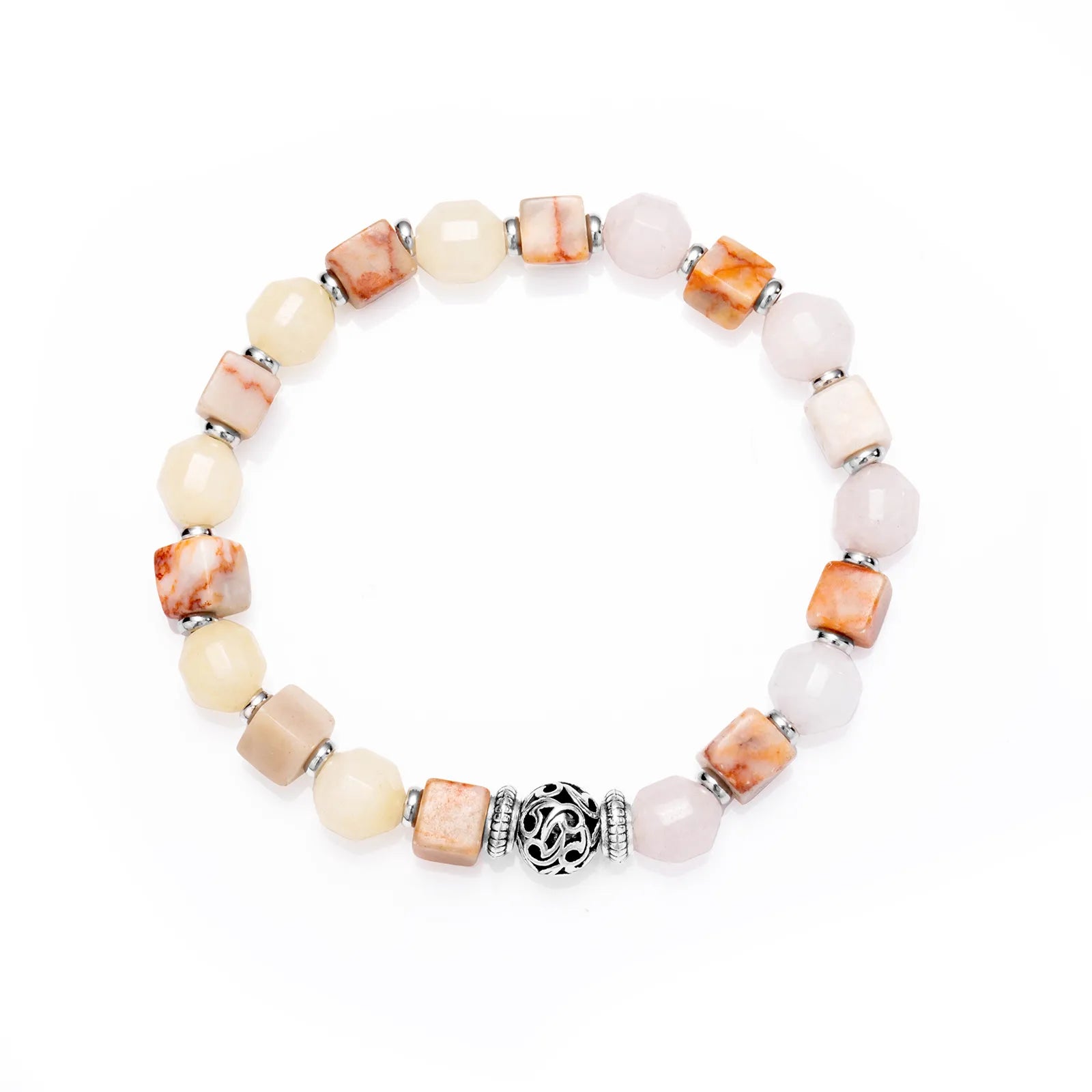 A multicolored beaded bracelet with a decorative silver bead in the center.