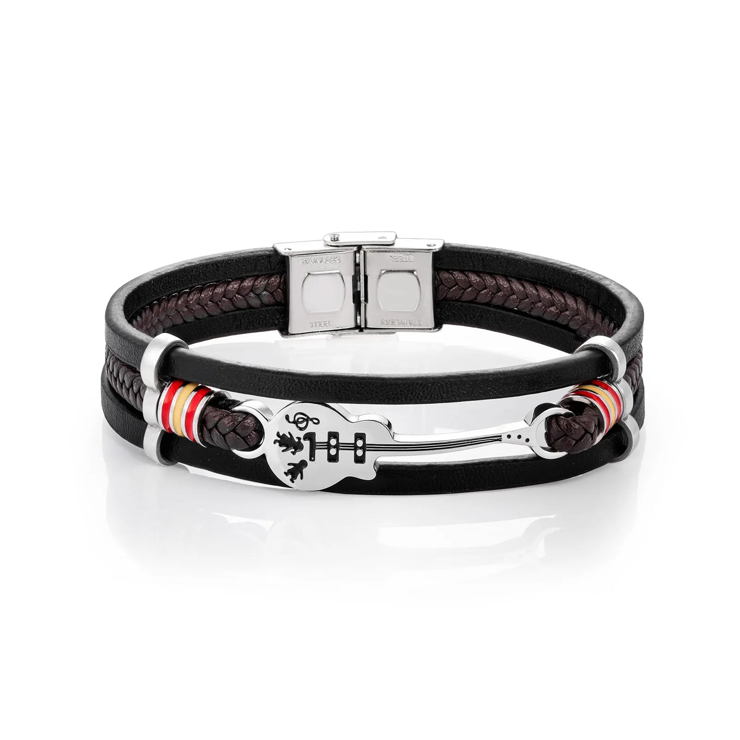 Ajatine leather guitar bracelet with music - themed charm, showcasing premium leather and unique design.