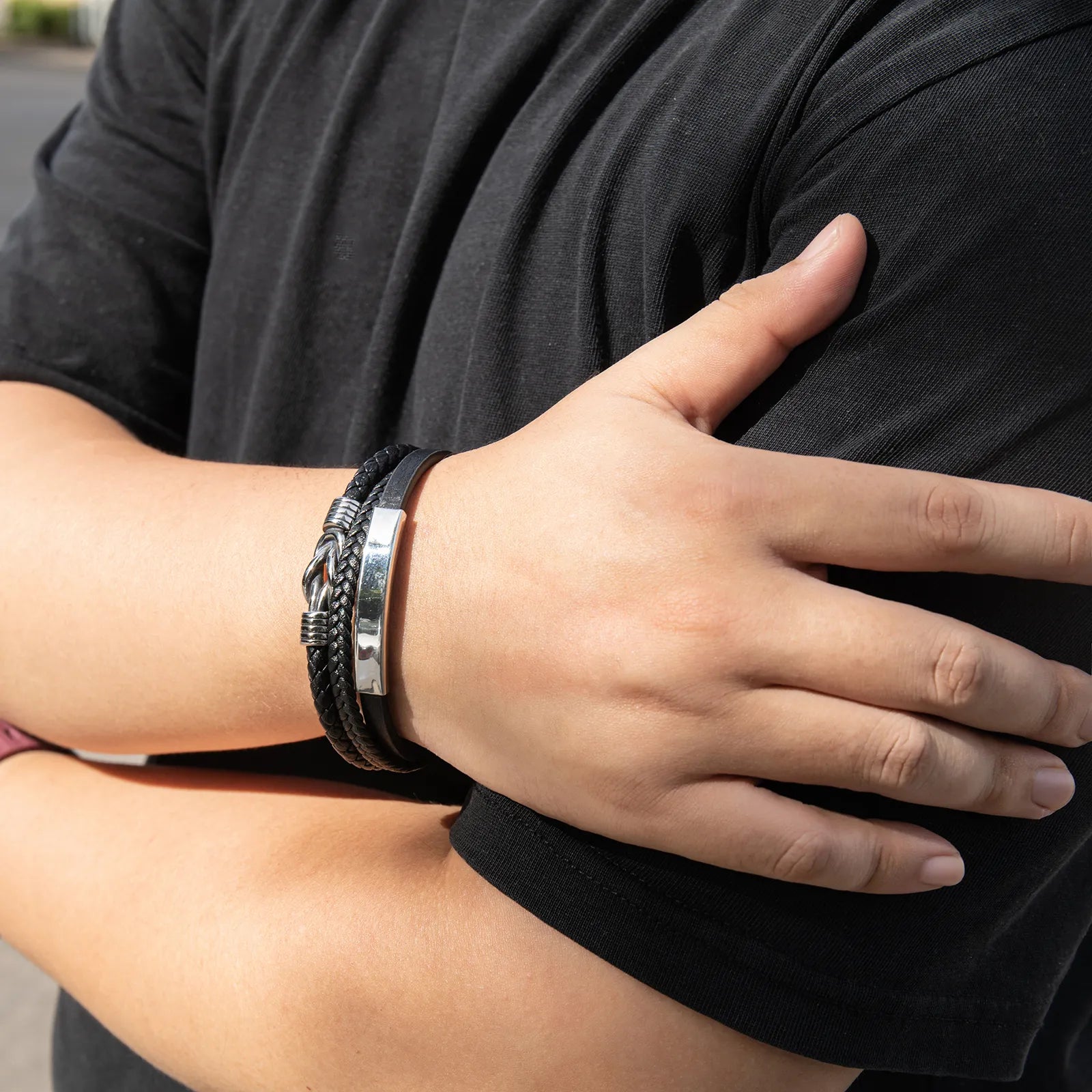 Ajatine multi - layer black leather bracelet, showcasing men's fashion jewelry