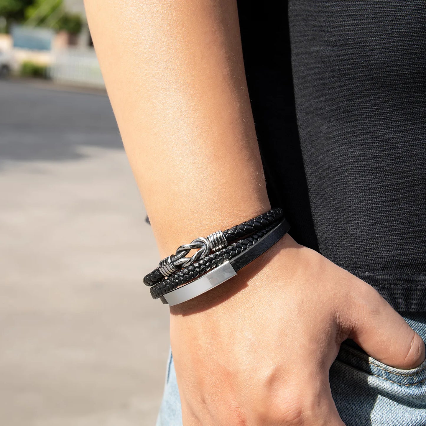 Ajatine multi - layer black leather bracelet, showcasing men's fashion jewelry