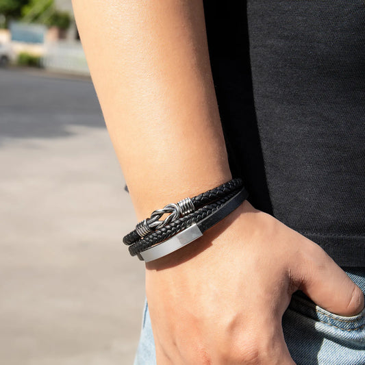 Ajatine multi - layer black leather bracelet, showcasing men's fashion jewelry
