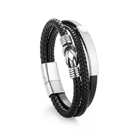 Ajatine multi - layer black leather bracelet, showcasing men's fashion jewelry