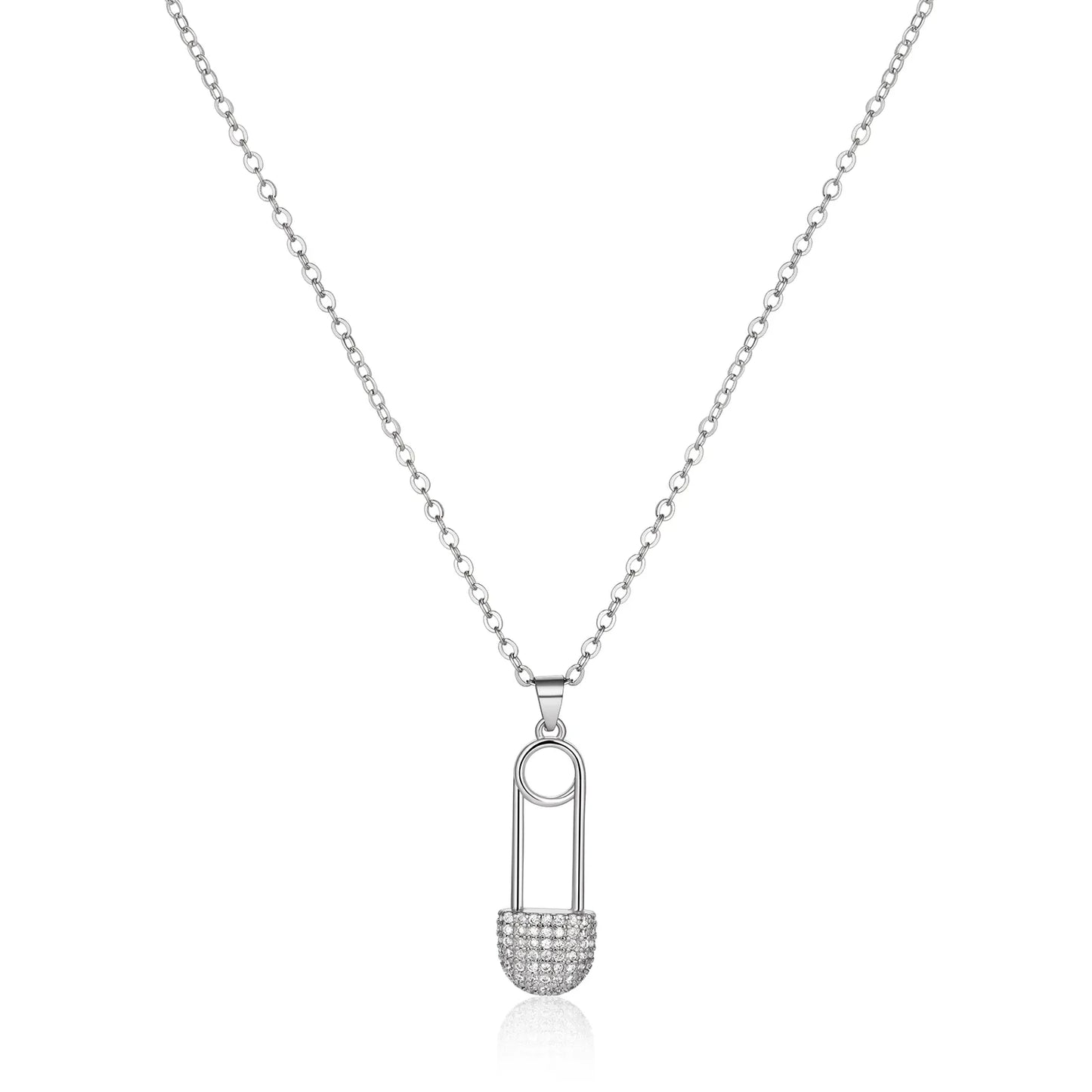 Ajatine silver safety pin necklace with crystal pendant, trendy women's jewelry