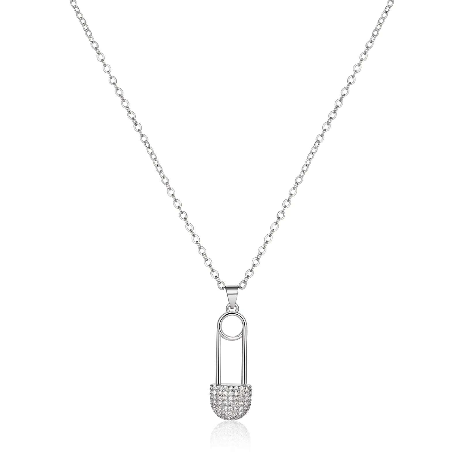 Ajatine silver safety pin necklace with crystal pendant, trendy women's jewelry
