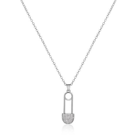 Ajatine silver safety pin necklace with crystal pendant, trendy women's jewelry