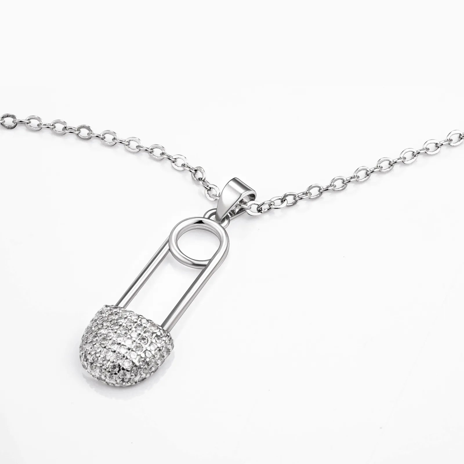 Ajatine silver safety pin necklace with crystal pendant, trendy women's jewelry