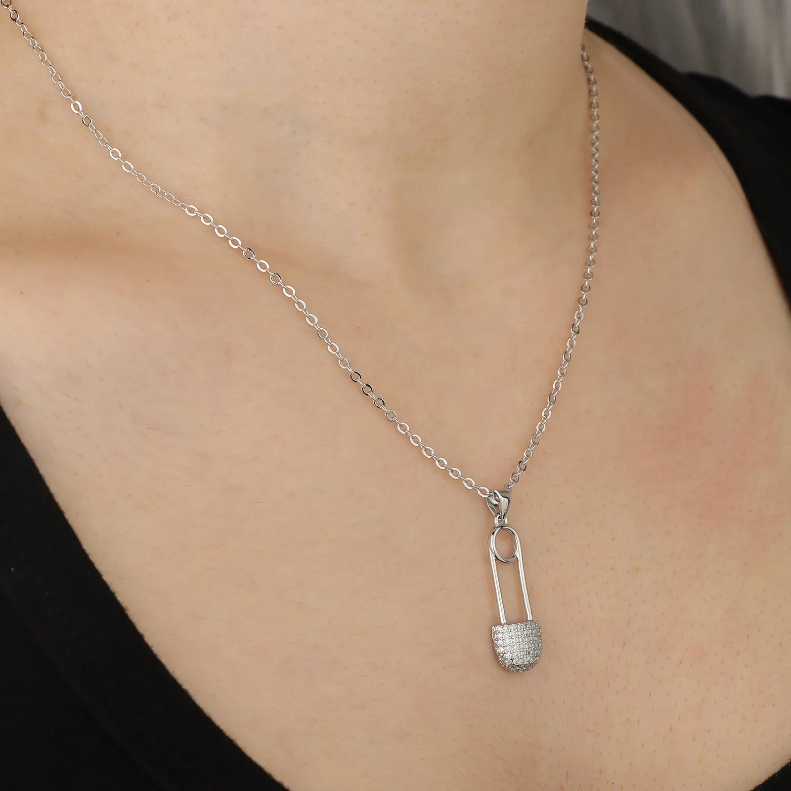Ajatine silver safety pin necklace with crystal pendant, trendy women's jewelry