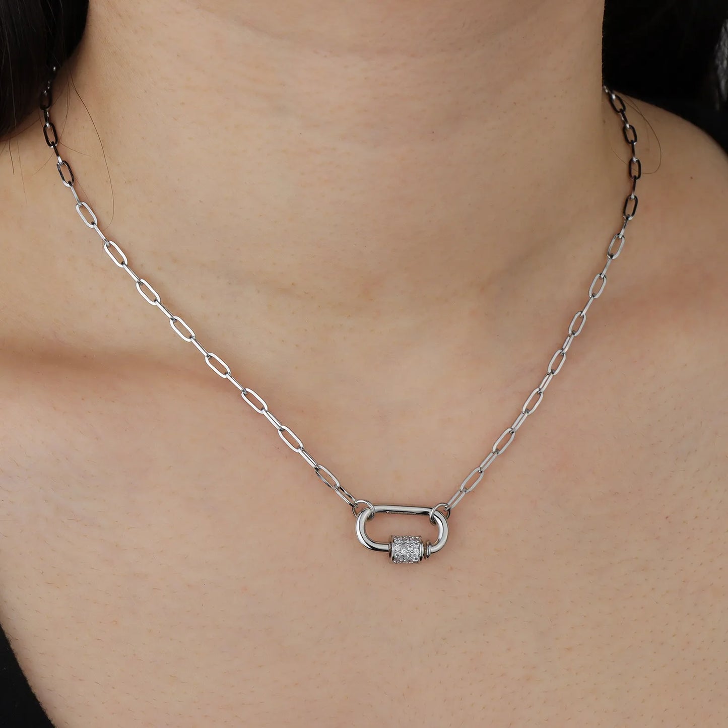 Ajatine lock pendant necklace, silver chain with diamond, minimalist elegant jewelry