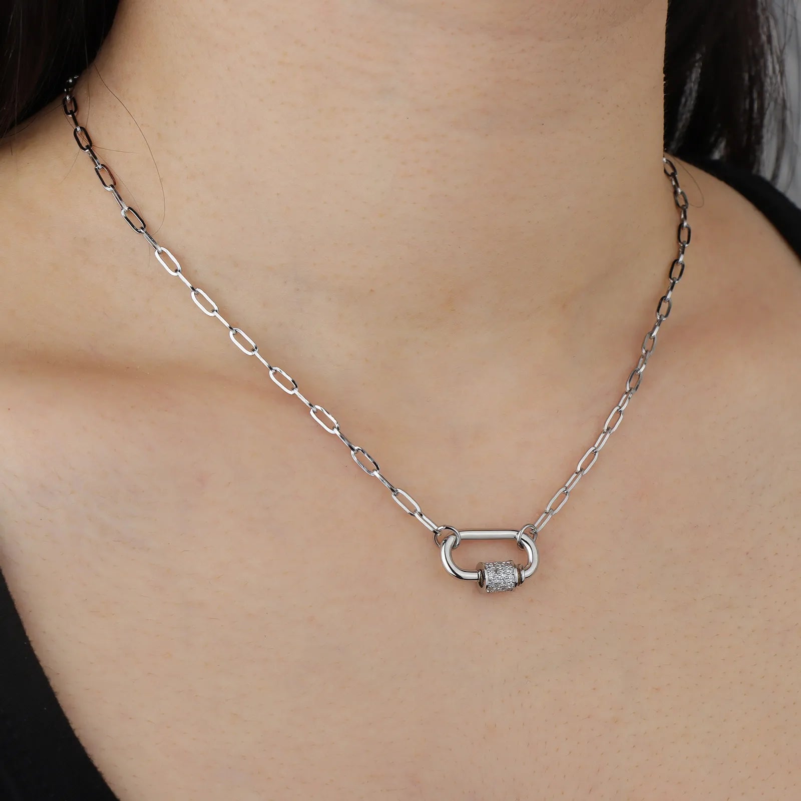 Ajatine lock pendant necklace, silver chain with diamond, minimalist elegant jewelry
