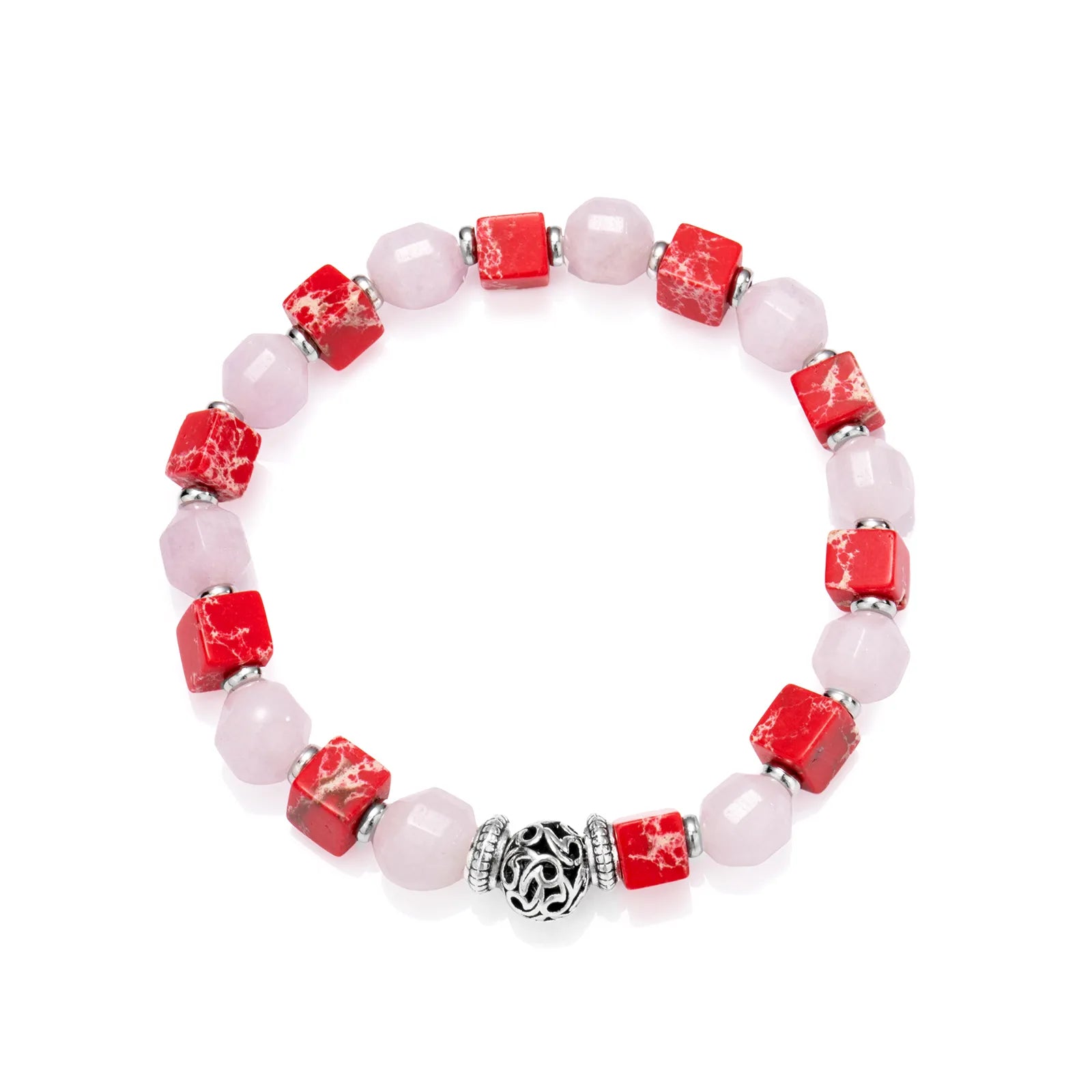 A bracelet with pink and red stones and a silver accessories.