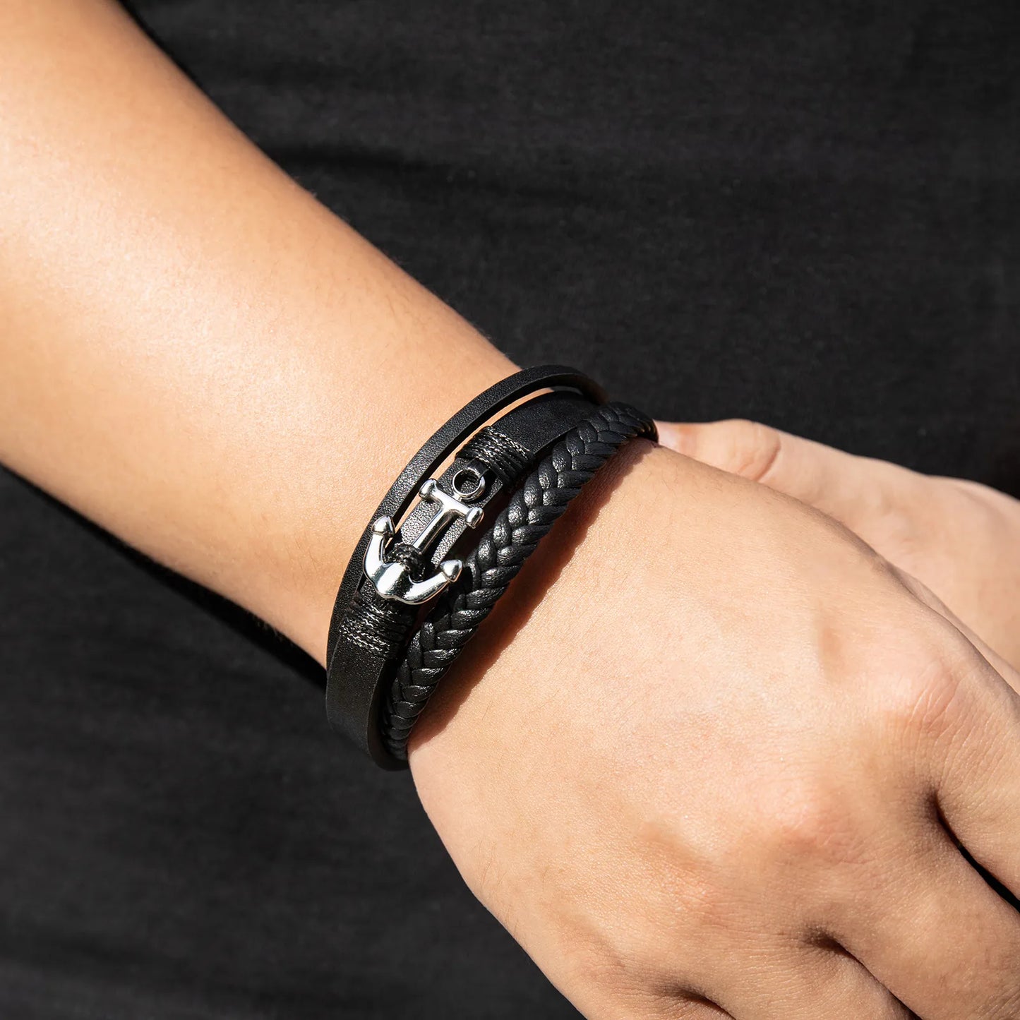 Ajatine men's black braided leather bracelet, anchor design