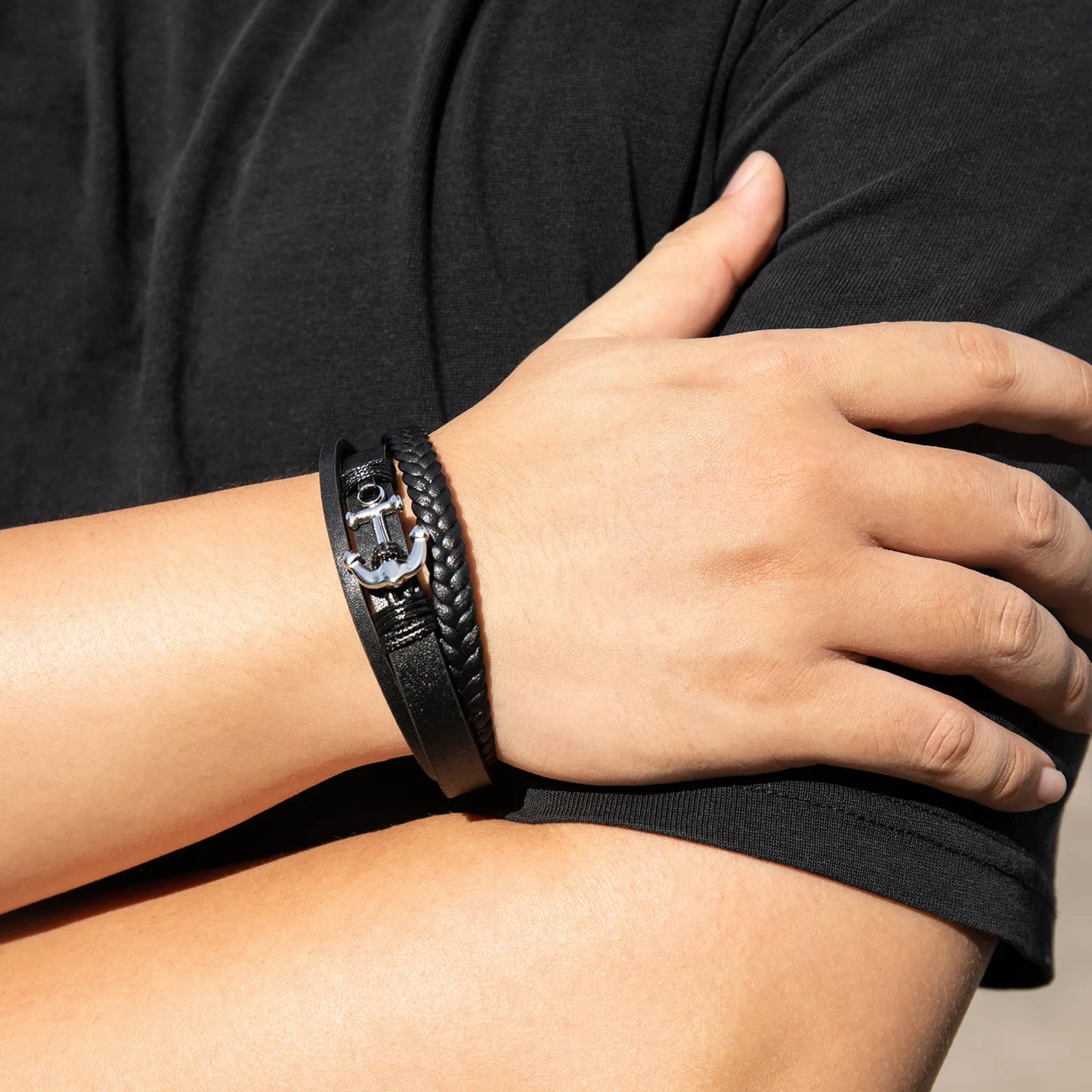 Ajatine men's black braided leather bracelet, anchor design