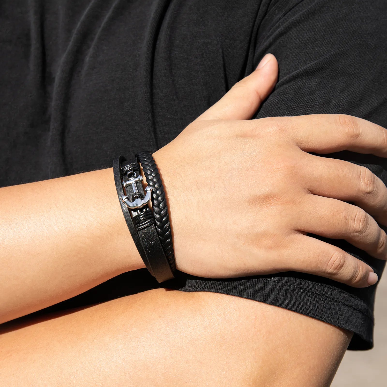 Ajatine men's black braided leather bracelet, anchor design