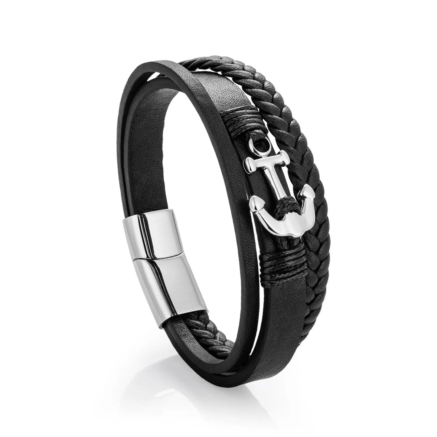 Ajatine men's black braided leather bracelet, anchor design