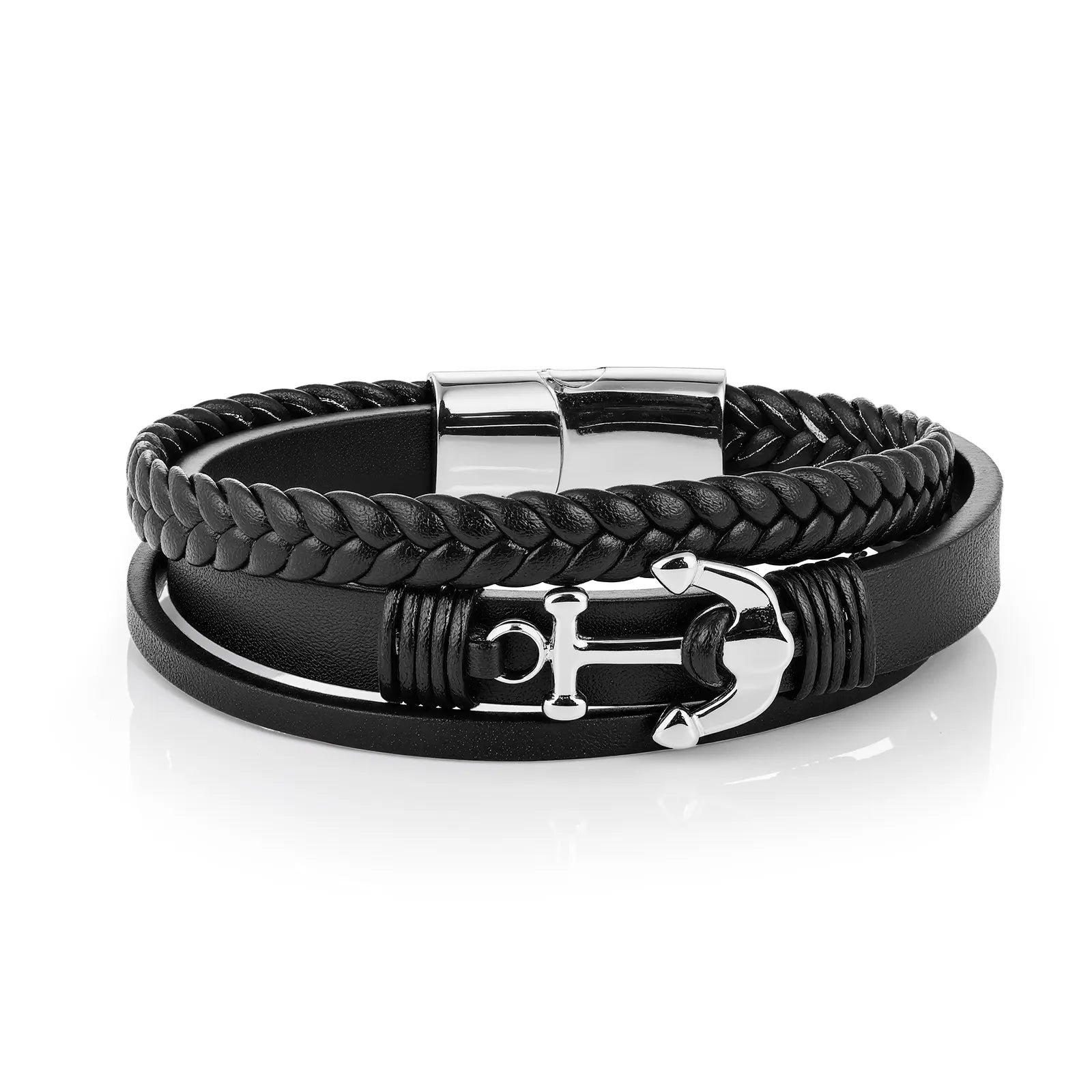Ajatine men's black braided leather bracelet, anchor design