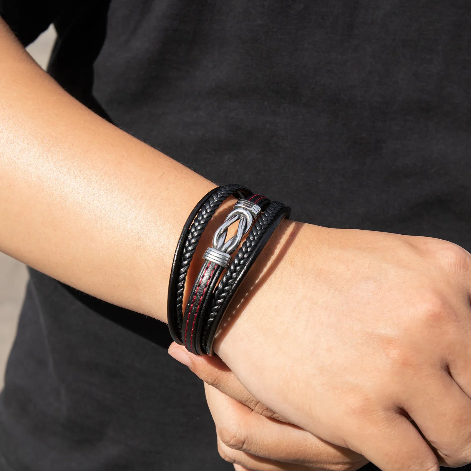 Ajatine multi - layer braided black leather men's bracelet, stylish fashion accessory