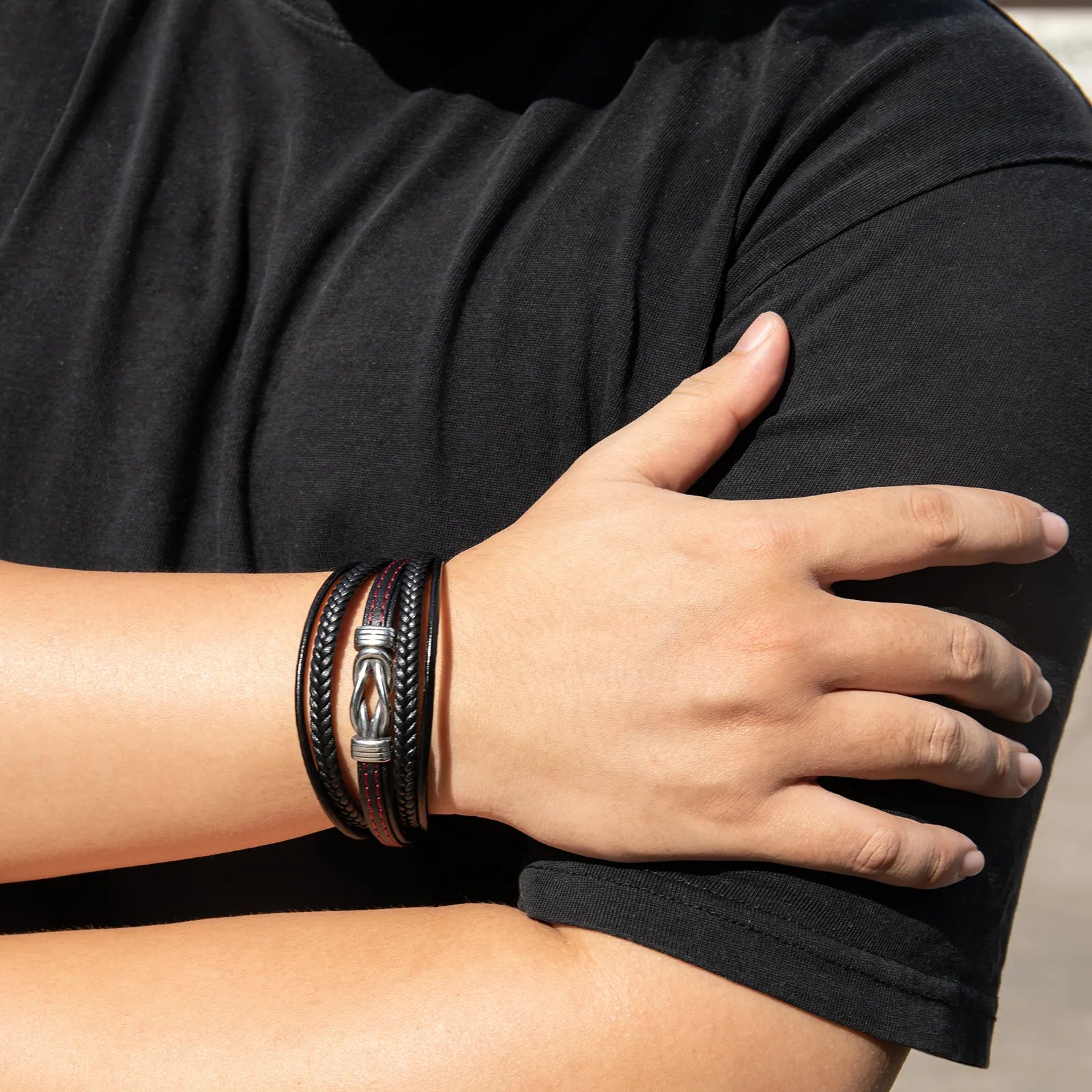 Ajatine multi - layer braided black leather men's bracelet, stylish fashion accessory