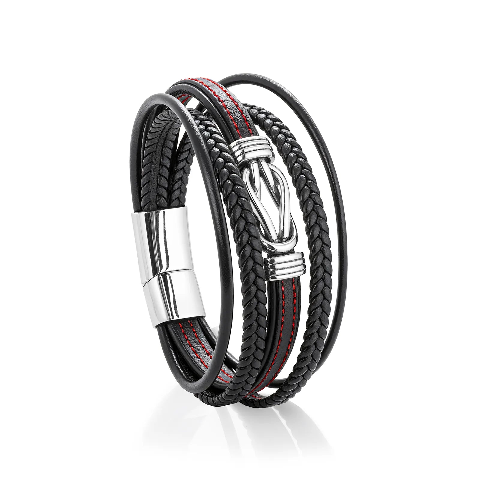 Ajatine multi - layer braided black leather men's bracelet, stylish fashion accessory