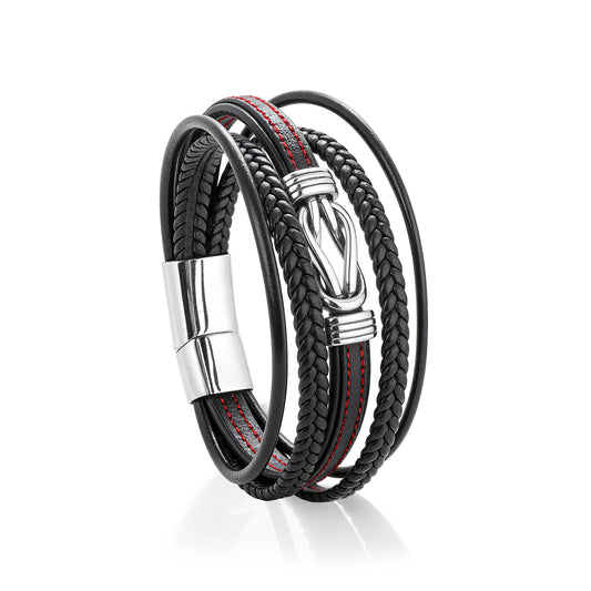 Ajatine multi - layer braided black leather men's bracelet, stylish fashion accessory