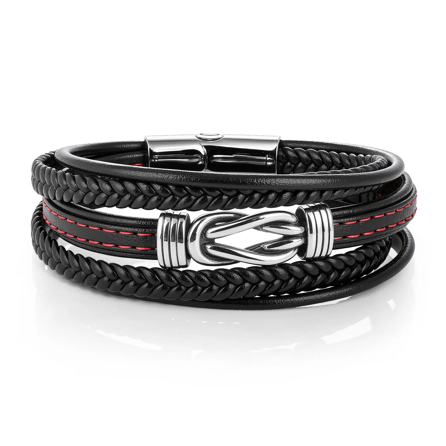 Ajatine multi - layer braided black leather men's bracelet, stylish fashion accessory