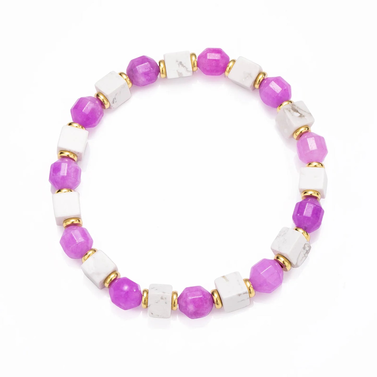 A beaded bracelet made of purple stone and white beads with gold accents.