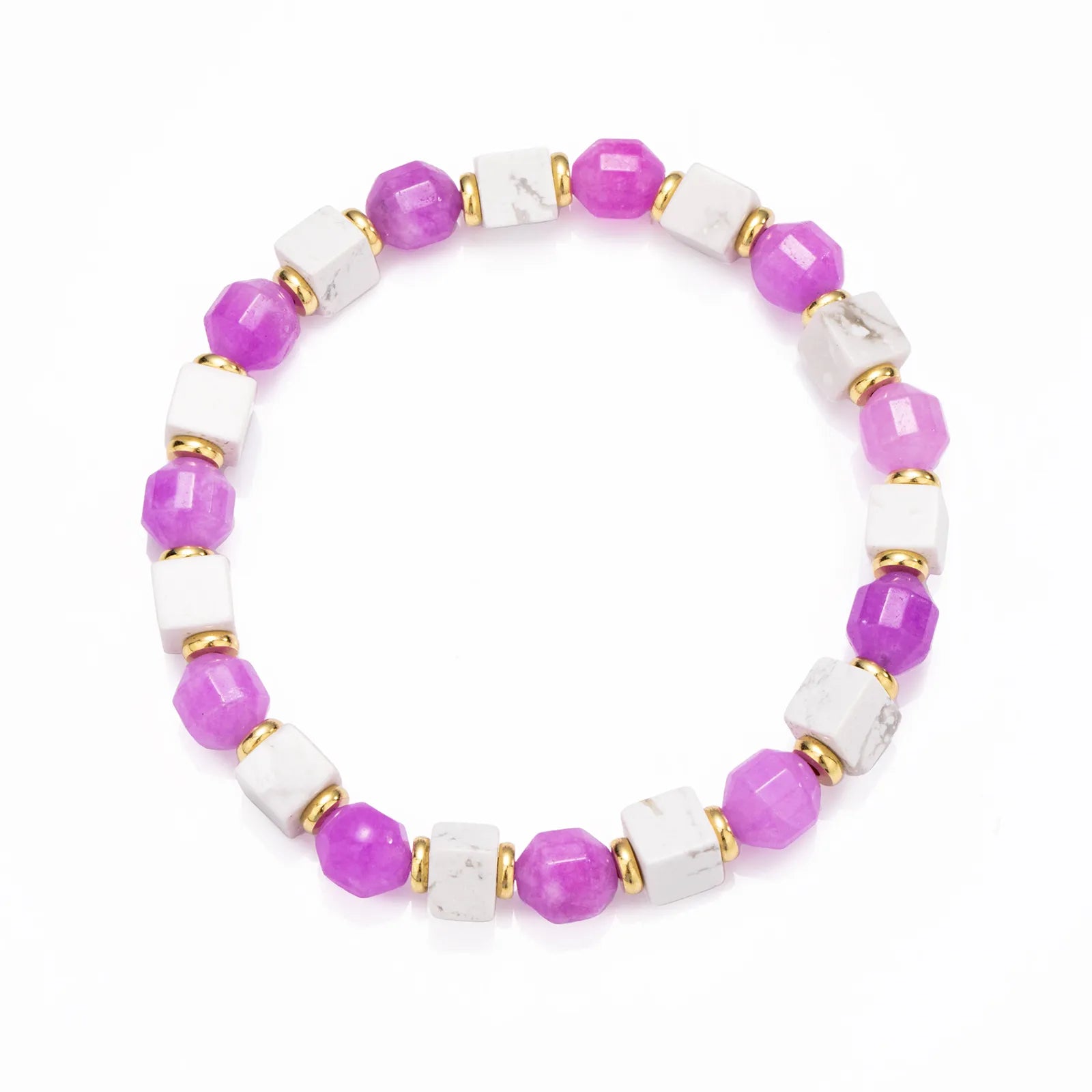 A beaded bracelet made of purple stone and white beads with gold accents.