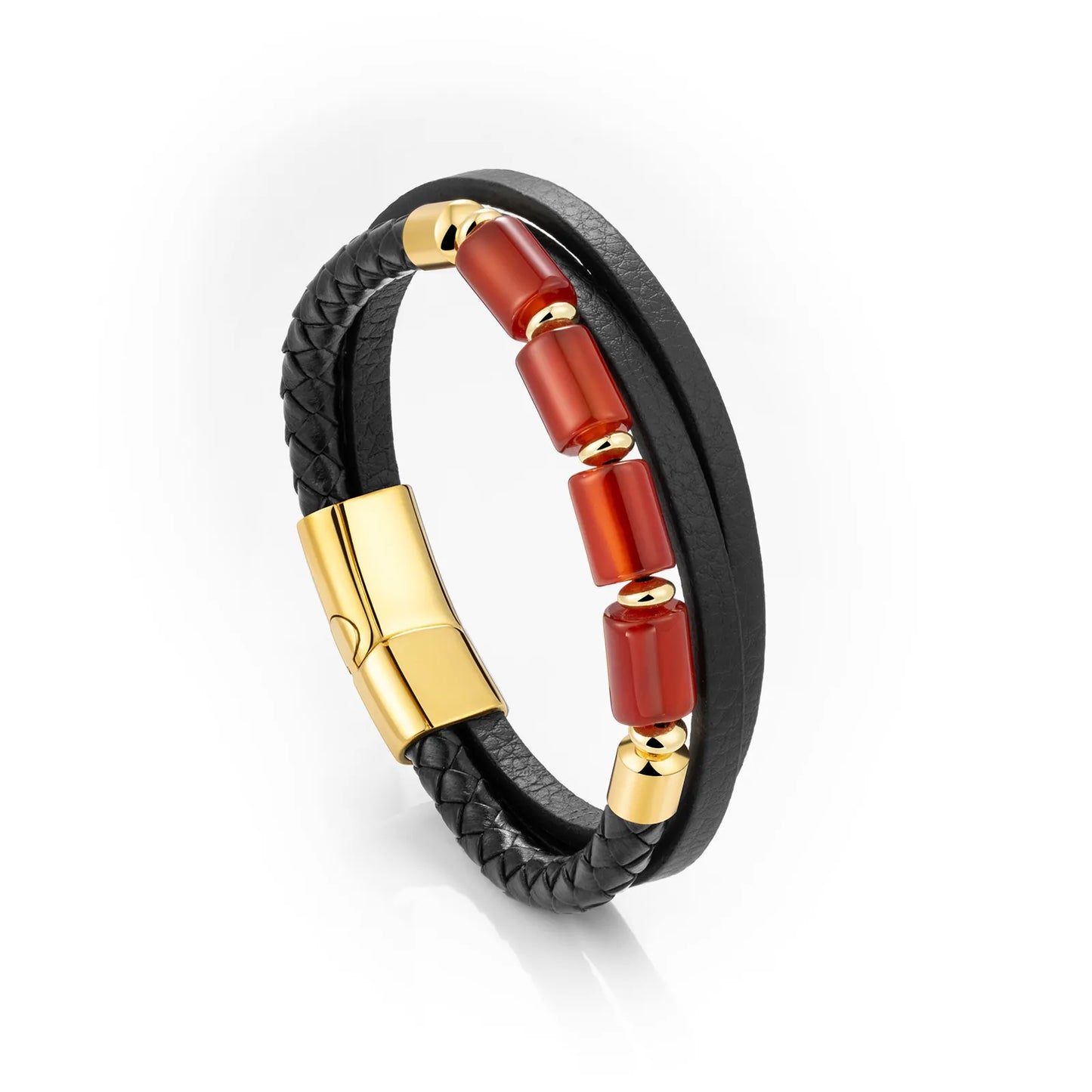 Red Agate Leather Bracelet with Braided Style for Men