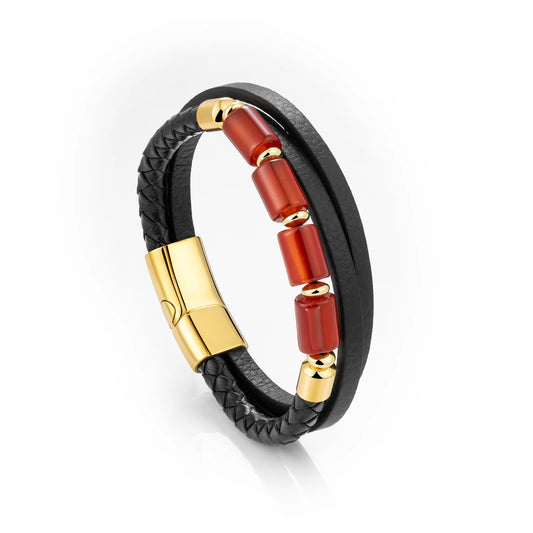 Red Agate Leather Bracelet with Braided Style for Men