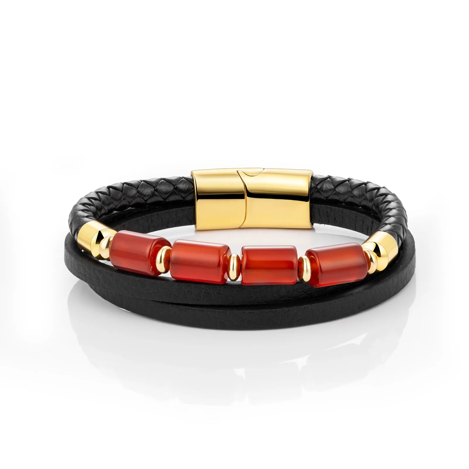 Red Agate Leather Bracelet with Braided Style for Men