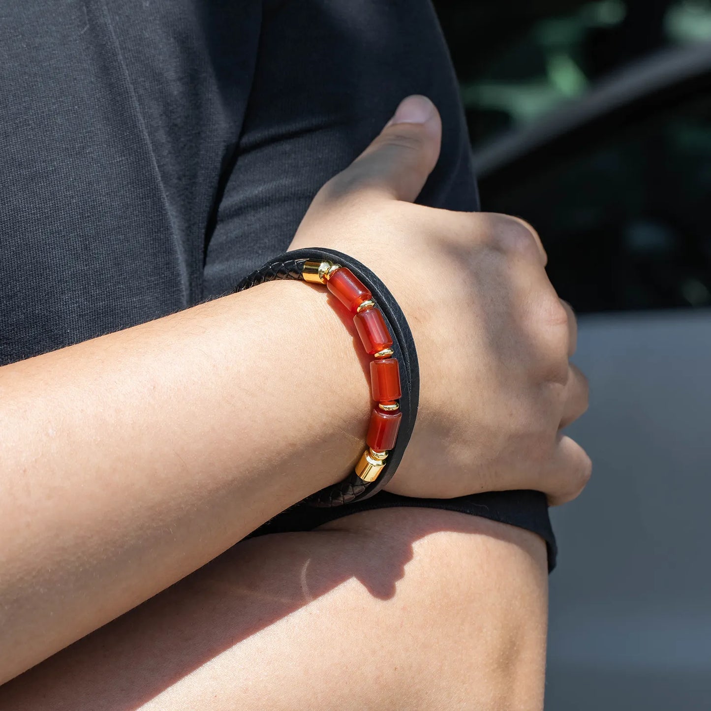 Red Agate Leather Bracelet with Braided Style for Men