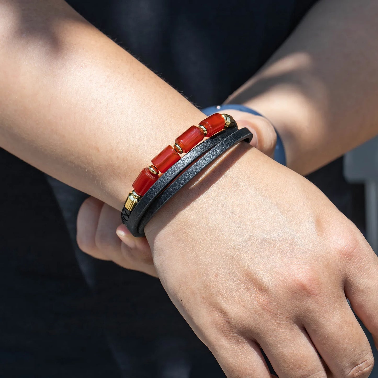 Red Agate Leather Bracelet with Braided Style for Men