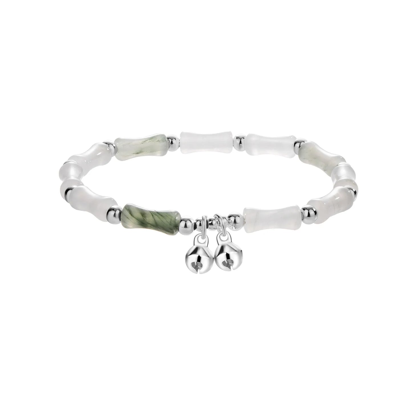 Bead chain bracelet with bamboo - shaped stones and silver bells, showing elegant oriental style.