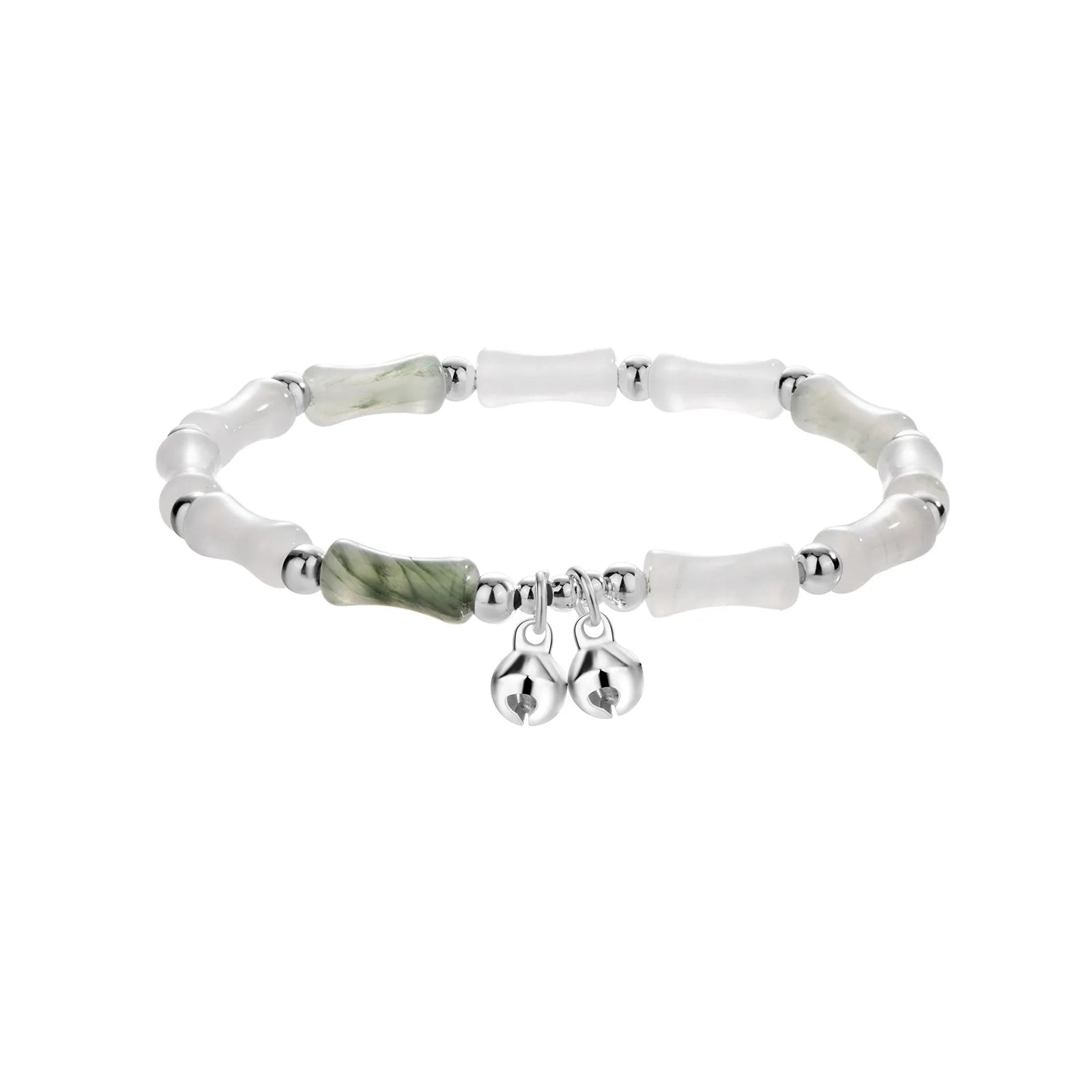 Bead chain bracelet with bamboo - shaped stones and silver bells, showing elegant oriental style.